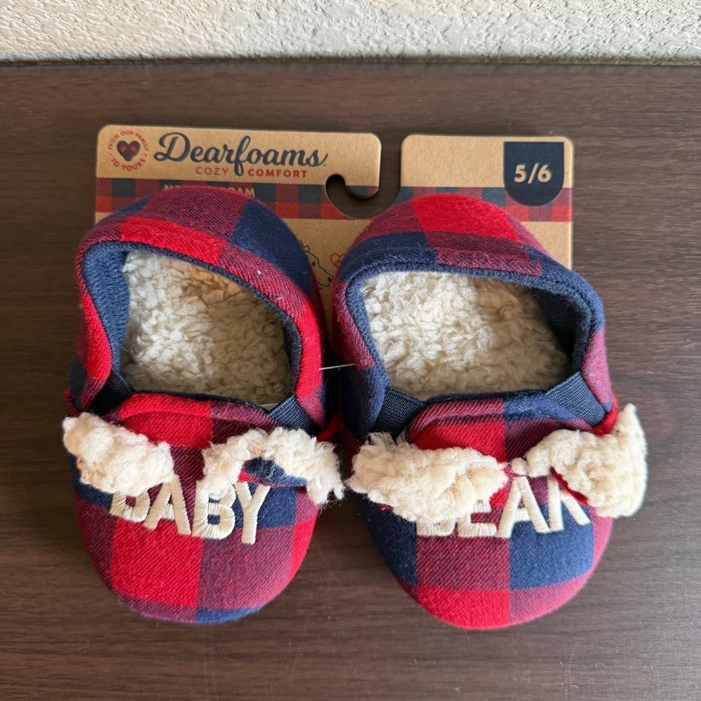 Dearfoams Baby Bear Slippers Red Navy Buffalo Plaid‎ Sherpa Lined Size 5/6 NEW